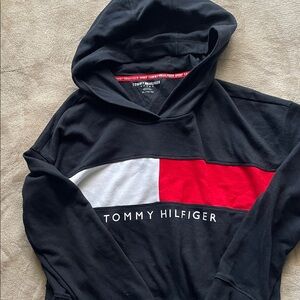 Tommy Hilfiger Men's Black Hoodie with Red and White Stripe